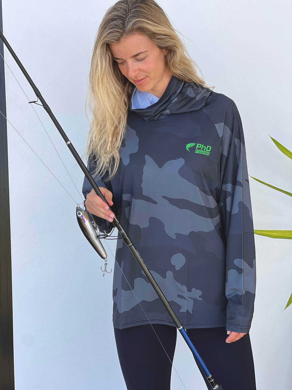 PhD Dark Grey camo long sleeve fishing shirt (Buff + Hood)