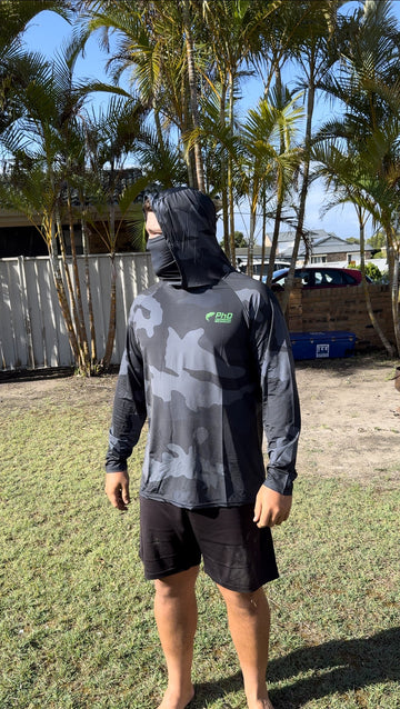 PhD camo long sleeve fishing shirt (Buff + Hood)