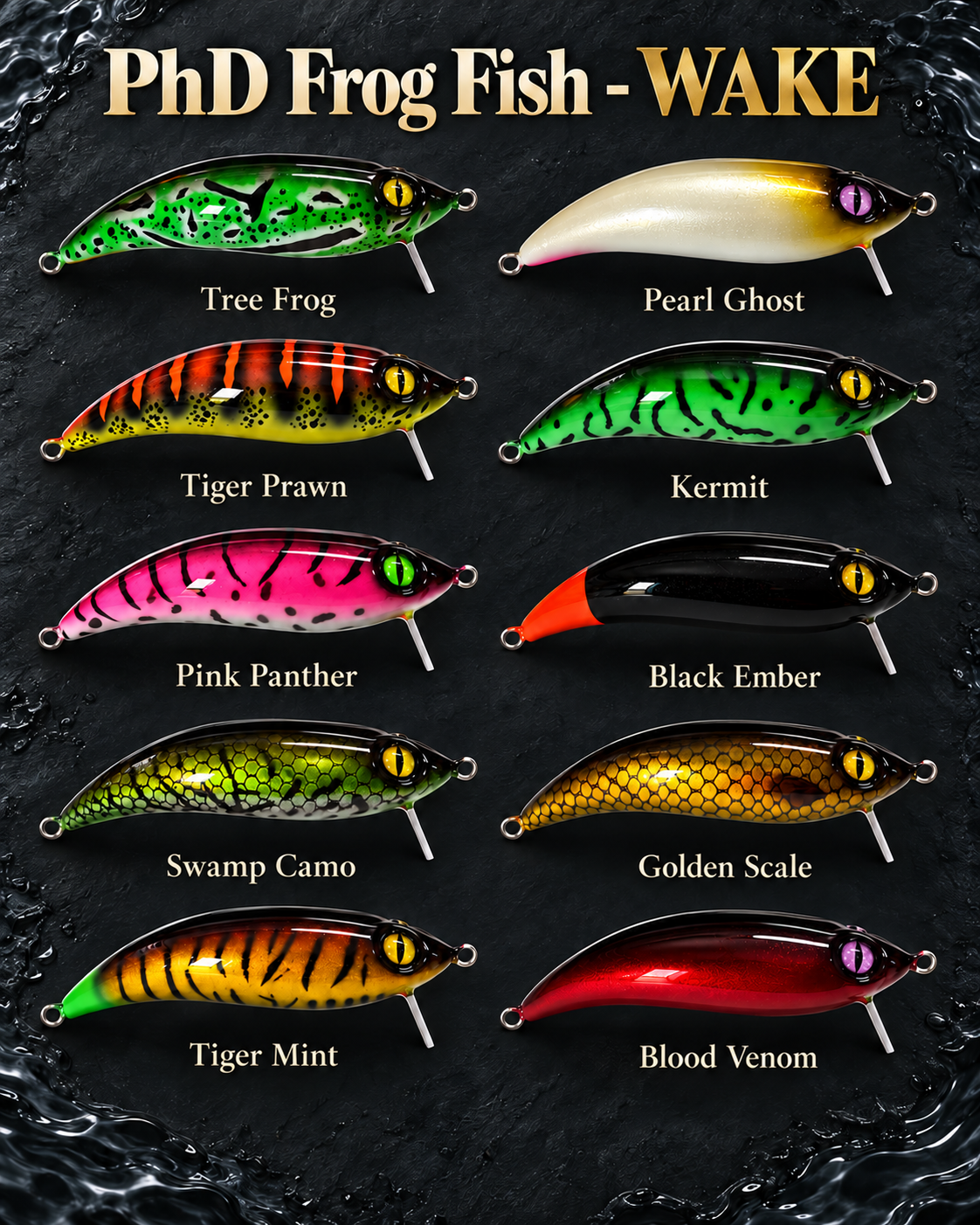 PhD Frog Fish – WAKE: all ten lure colours with names